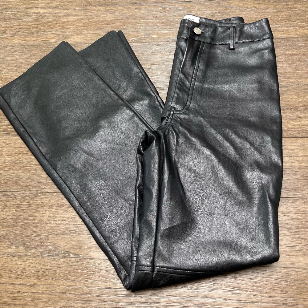Princess Polly Black Faux Leather Pants High Waisted Straight Leg Raw Hem size 2